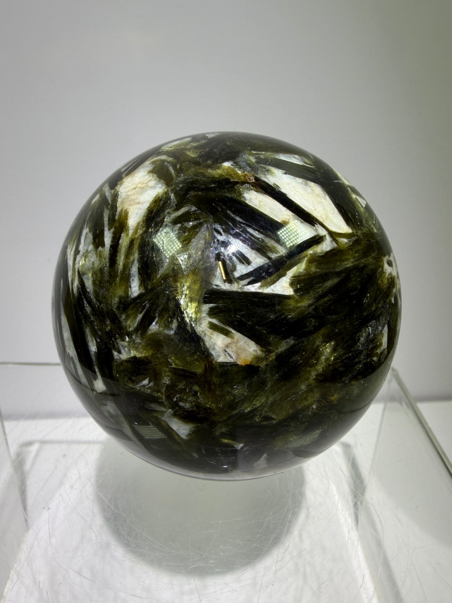 Green Mica And Garnet Sphere. 65mm. Rare Flashy Green Mica With Red Garnet. Gorgeous High Quality Crystal.