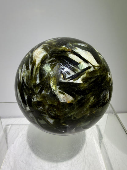 Green Mica And Garnet Sphere. 65mm. Rare Flashy Green Mica With Red Garnet. Gorgeous High Quality Crystal.
