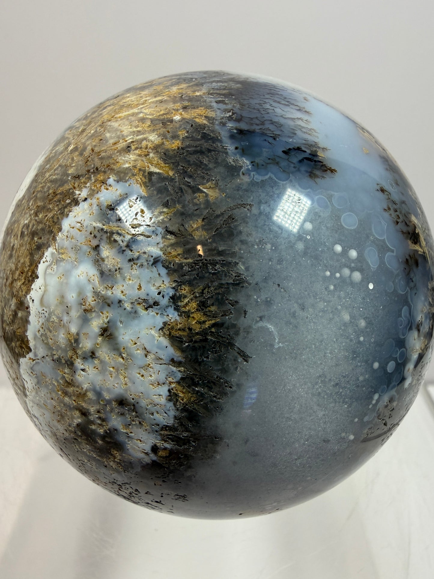Sagenite Crystal Sphere. 66mm. Incredible Sagenite Plumes With Dendritic Agate. Rare And Unique Crystal Display Sphere