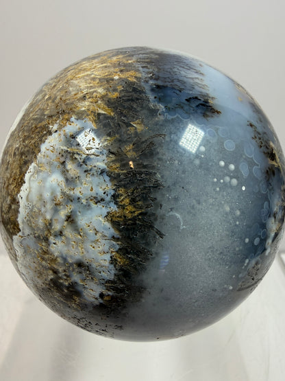 Sagenite Crystal Sphere. 66mm. Incredible Sagenite Plumes With Dendritic Agate. Rare And Unique Crystal Display Sphere