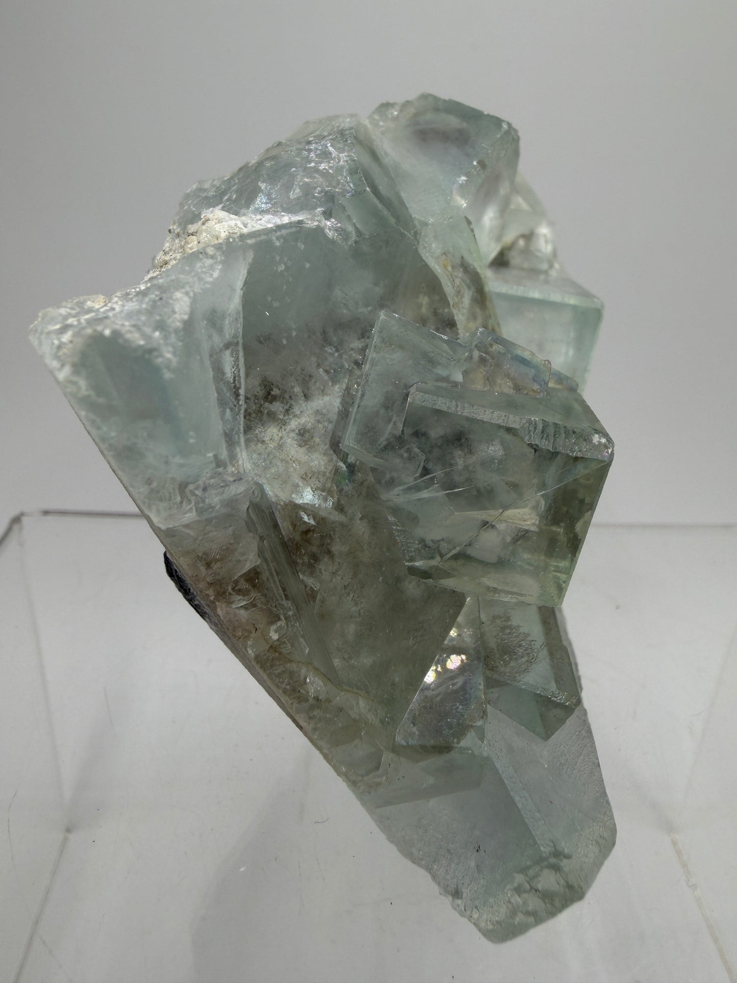 Fluorite Cubes Specimen With Iridescent Rainbows And Garden Inclusions. Gorgeous Rare Xianghualing Green Fluorite. Very Special Display Crystal