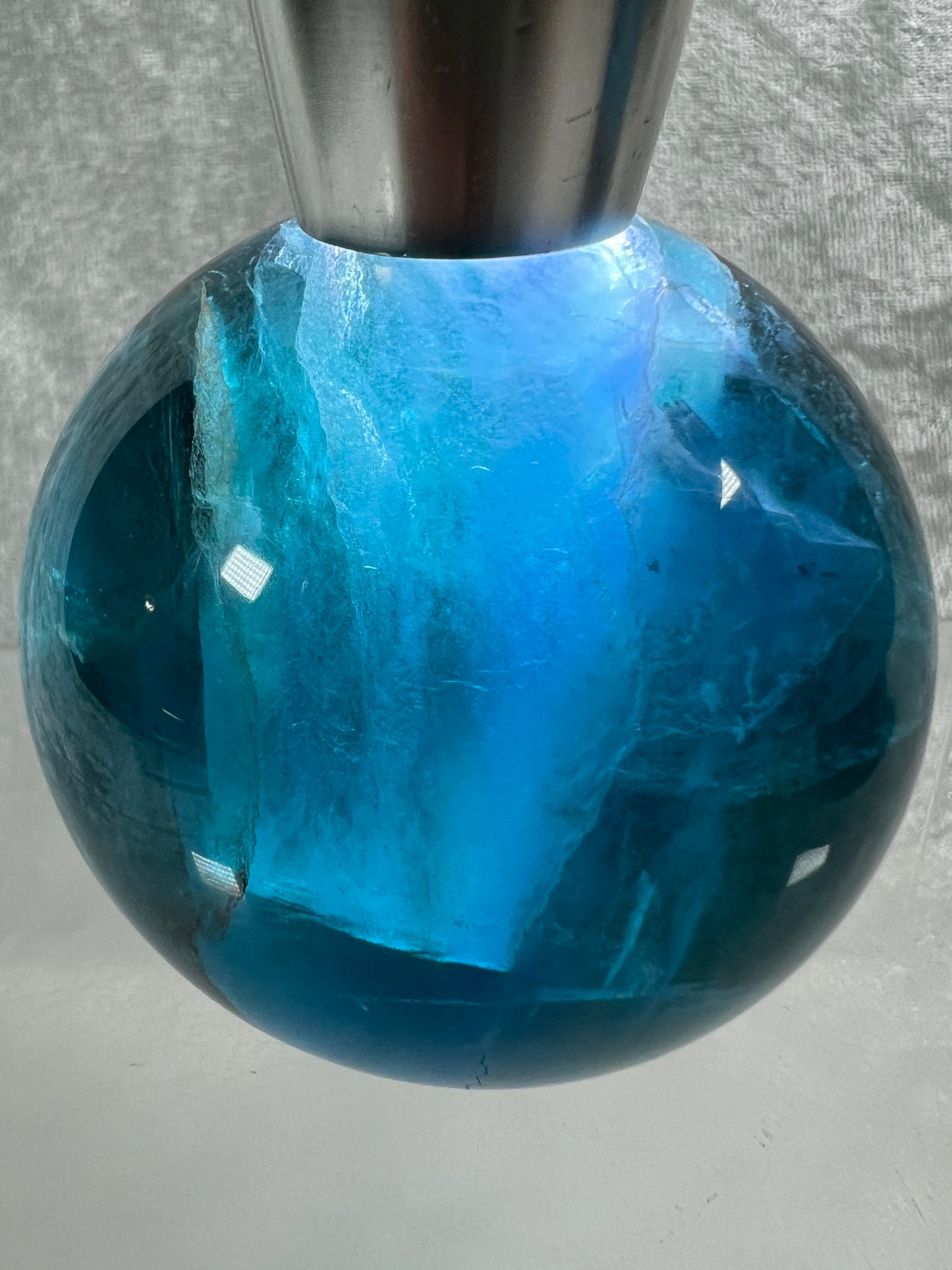 Blue Fluorite Sphere. 61mm. Gorgeous Rare Blue Fluorite. Amazing Dendritic And Rainbow Inclusions.