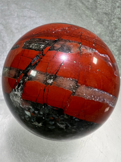 African Bloodstone Sphere From Swaziland. 63mm. Gorgeous Pyrite And Red Jasper Inclusions With Crazy Mosaic Patterns And Colors.