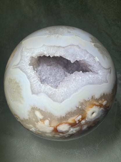 Flower Agate Sphere. 90mm. Beautiful Druzy On This Large Centerpiece. Amazing One Of A Kind Display Sphere.