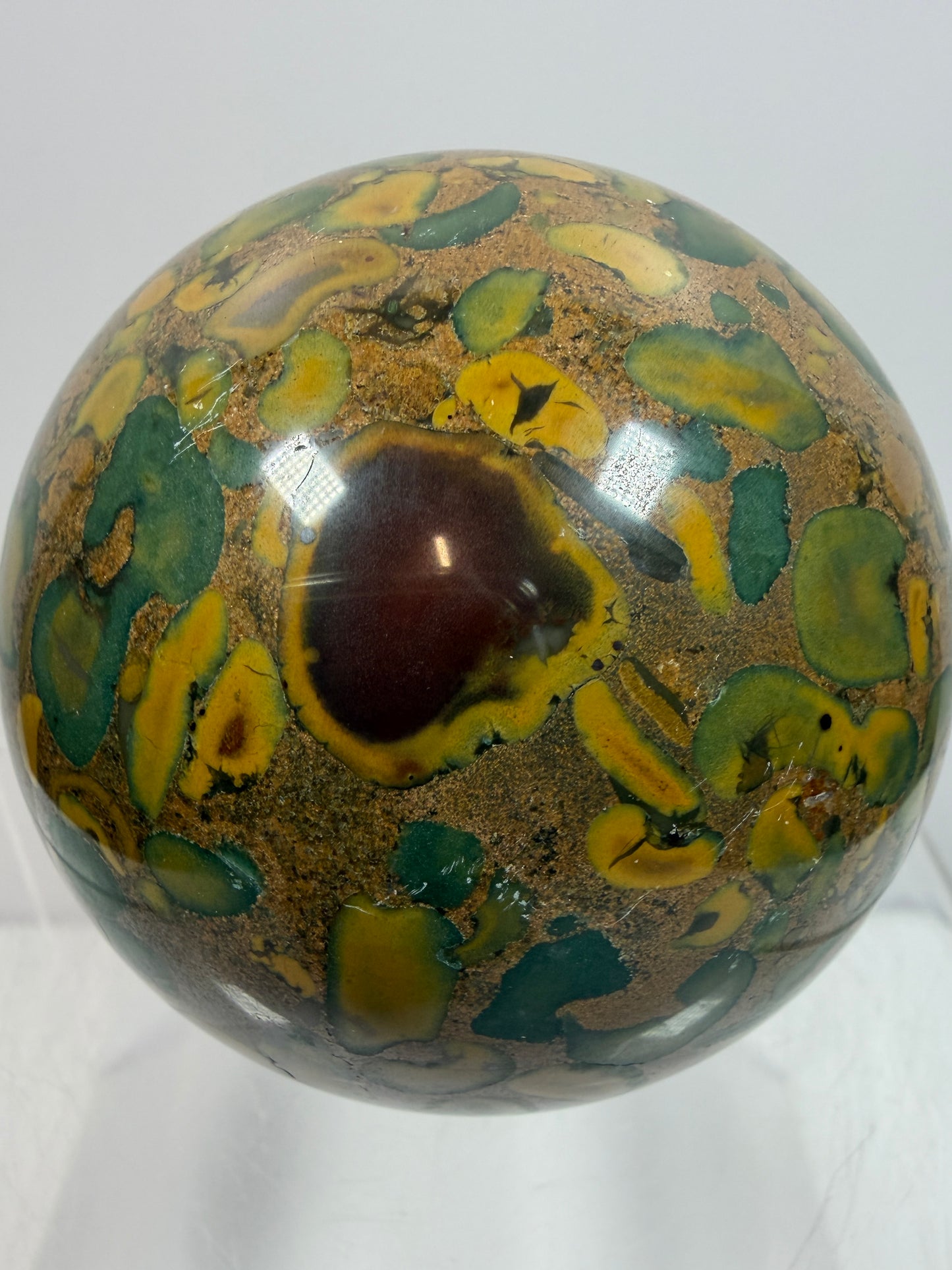 Fruit Jasper Sphere: 68mm Gorgeous Ajooba Jasper Sphere From India. High Quality Colorful Crystal