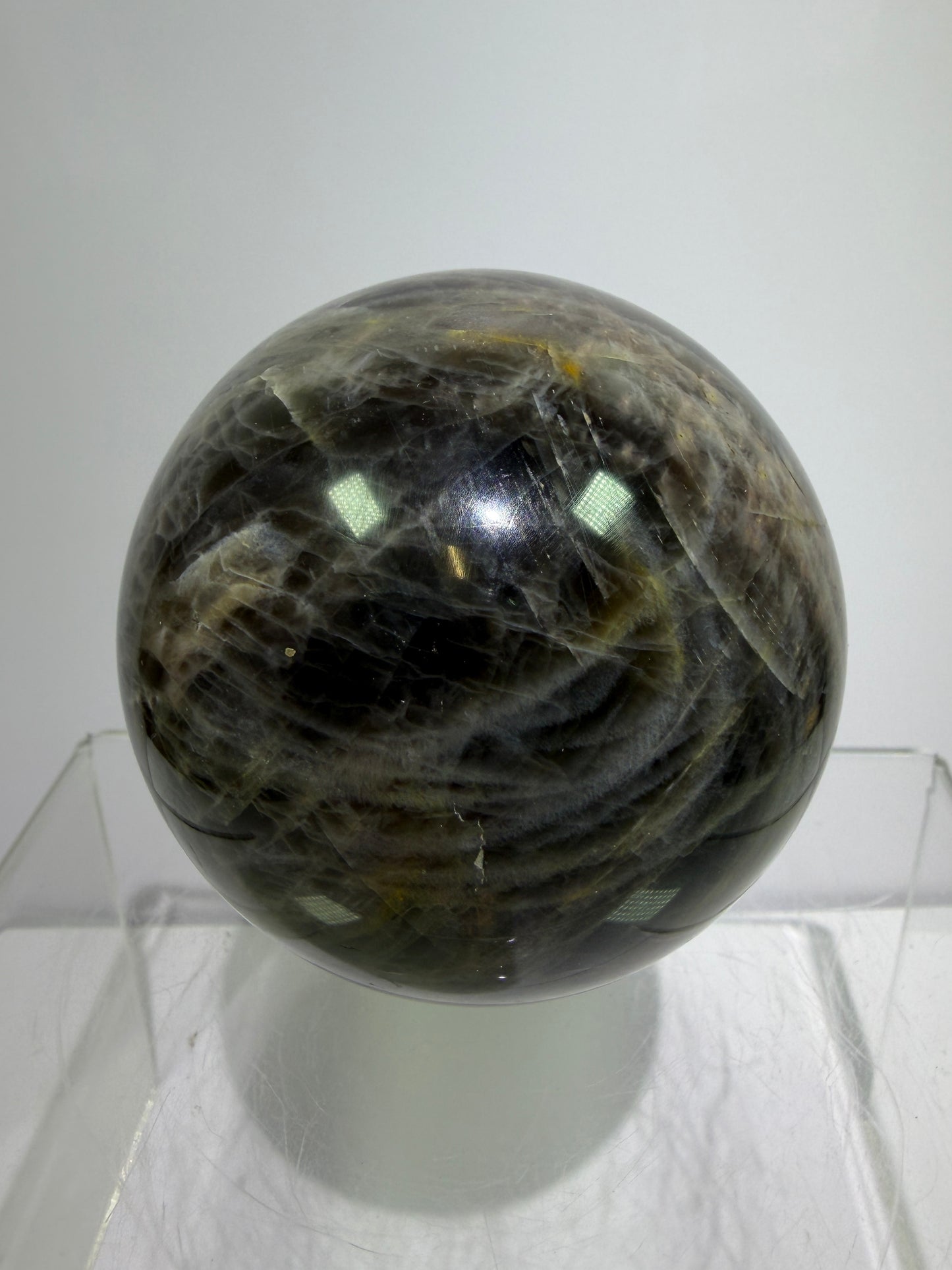 Black Moonstone Crystal Sphere. 66mm. Stunning Bright Silver Flash. High Quality Display Sphere