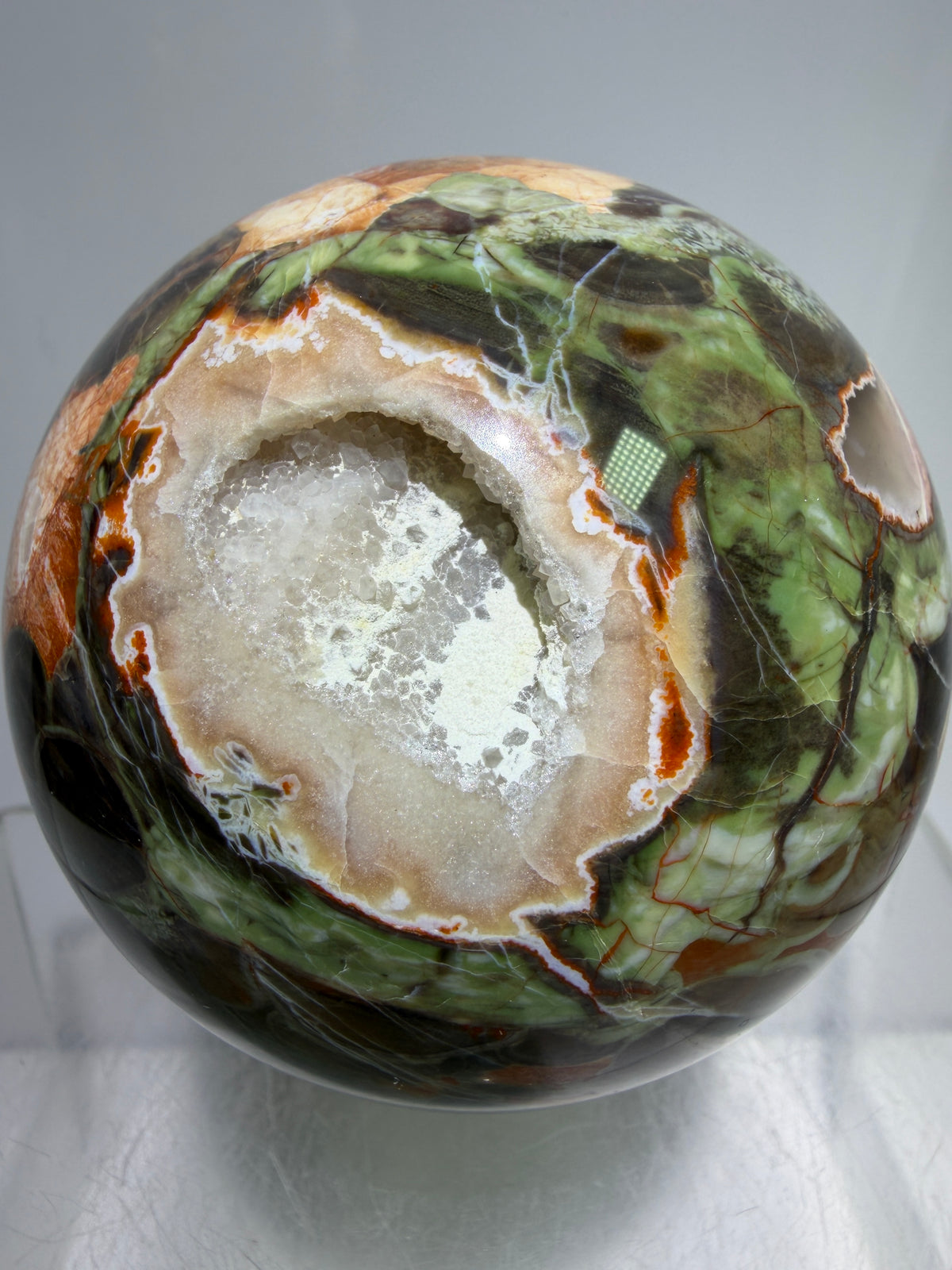 Money Agate Crystal Sphere. 73mm. Very Rare Shades Of Green. Stunning Druzy Indonesian Bloodstone. Amazing Colors And Patterns