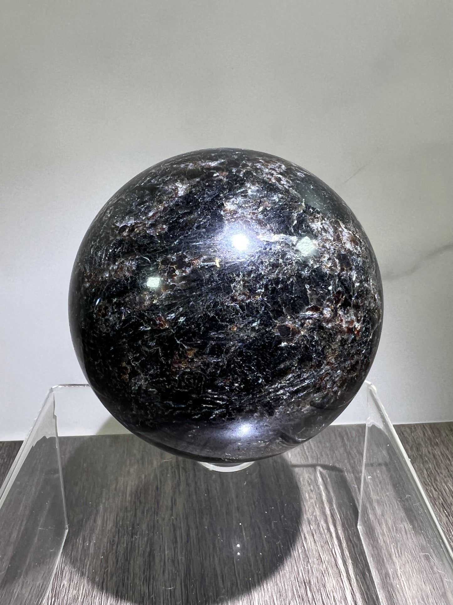 Arfvedsonite Crystal Sphere. 70mm. Flashy Blue Fireworks Jasper Sphere. Large Display Sphere With Great Flash