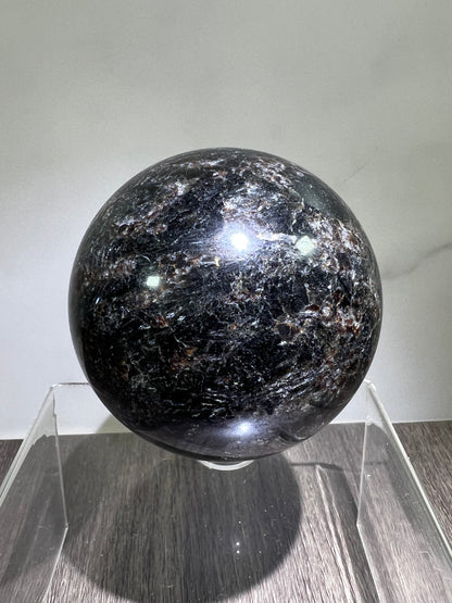 Arfvedsonite Crystal Sphere. 70mm. Flashy Blue Fireworks Jasper Sphere. Large Display Sphere With Great Flash