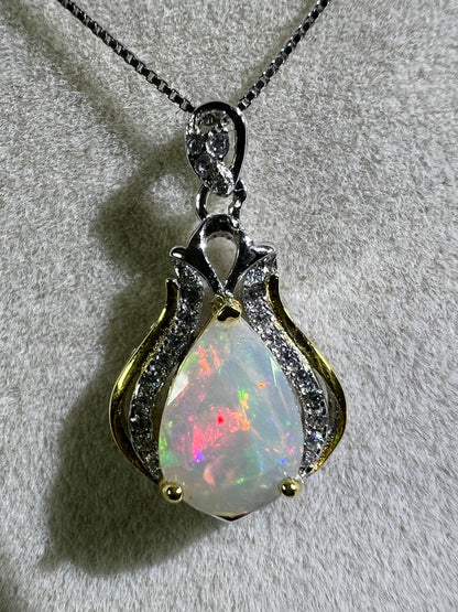 Opal Teardrop Pendant. S925 Silver Setting And Necklace. Incredible Play Of Color. Gorgeous High Quality Crystal Jewelry.