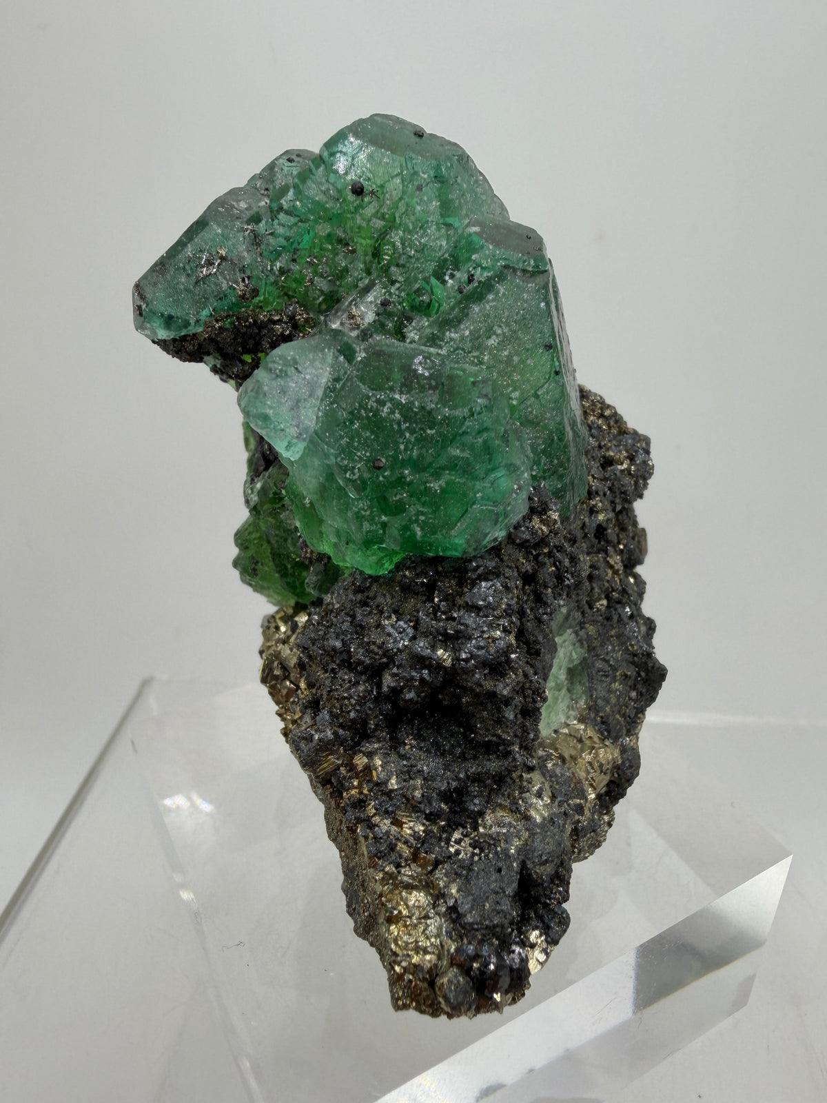 Green Fluorite And Pyrite Specimen From The Famous Milpo Mine In Peru. High Quality Rare Fluorite Specimen. Gorgeous Display Crystal