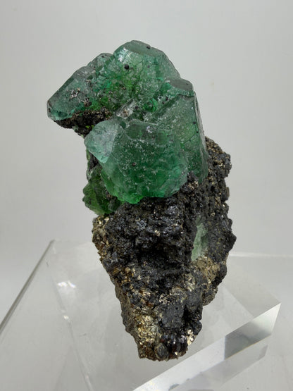 Green Fluorite And Pyrite Specimen From The Famous Milpo Mine In Peru. High Quality Rare Fluorite Specimen. Gorgeous Display Crystal