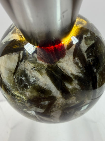 Green Mica And Garnet Sphere. 65mm. Rare Flashy Green Mica With Red Garnet. Gorgeous High Quality Crystal.