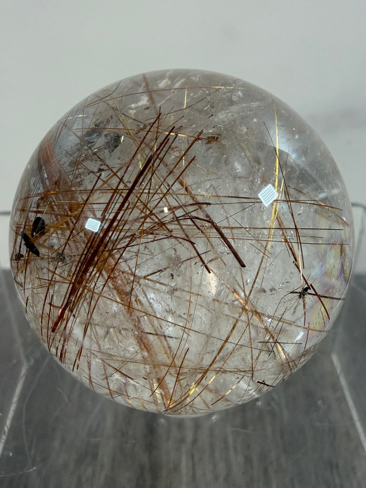 Copper Rutile Quartz Sphere. Stunning Hematite Slab And Rutile Inclusions. Amazing Rare Display Sphere