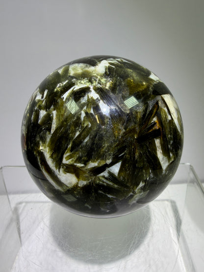 Green Mica And Garnet Sphere. 65mm. Rare Flashy Green Mica With Red Garnet. Gorgeous High Quality Crystal.