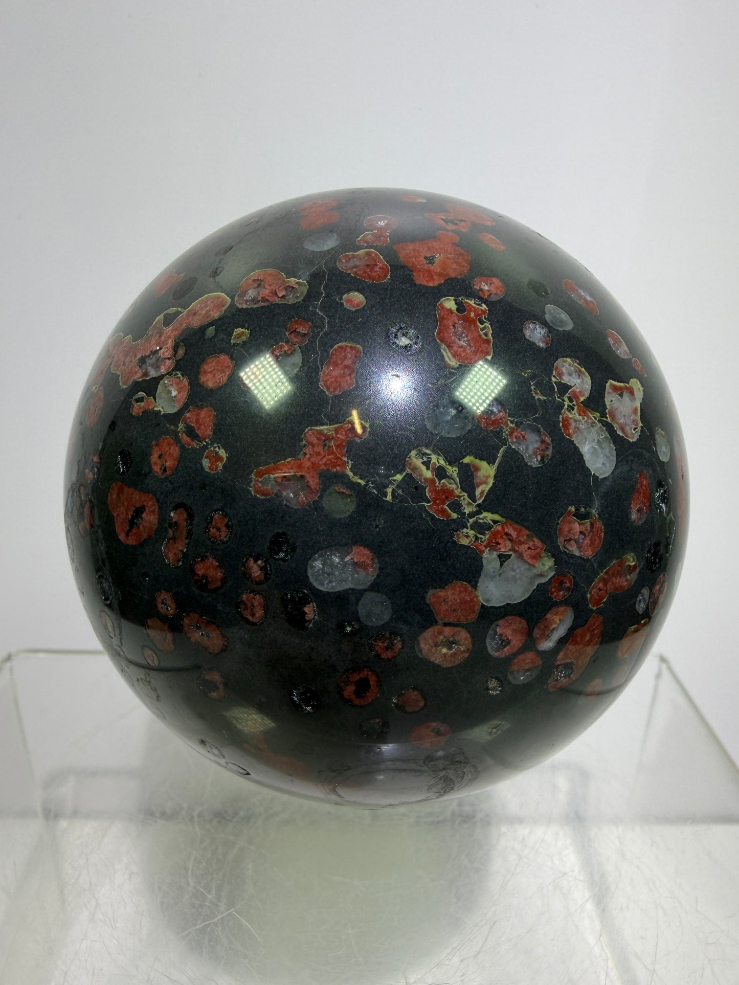 Plum Blossom Jade Sphere: 72mm. Gorgeous Large Display Sphere. Beautiful Color Contrast