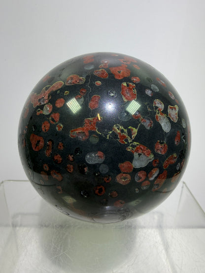 Plum Blossom Jade Sphere: 72mm. Gorgeous Large Display Sphere. Beautiful Color Contrast