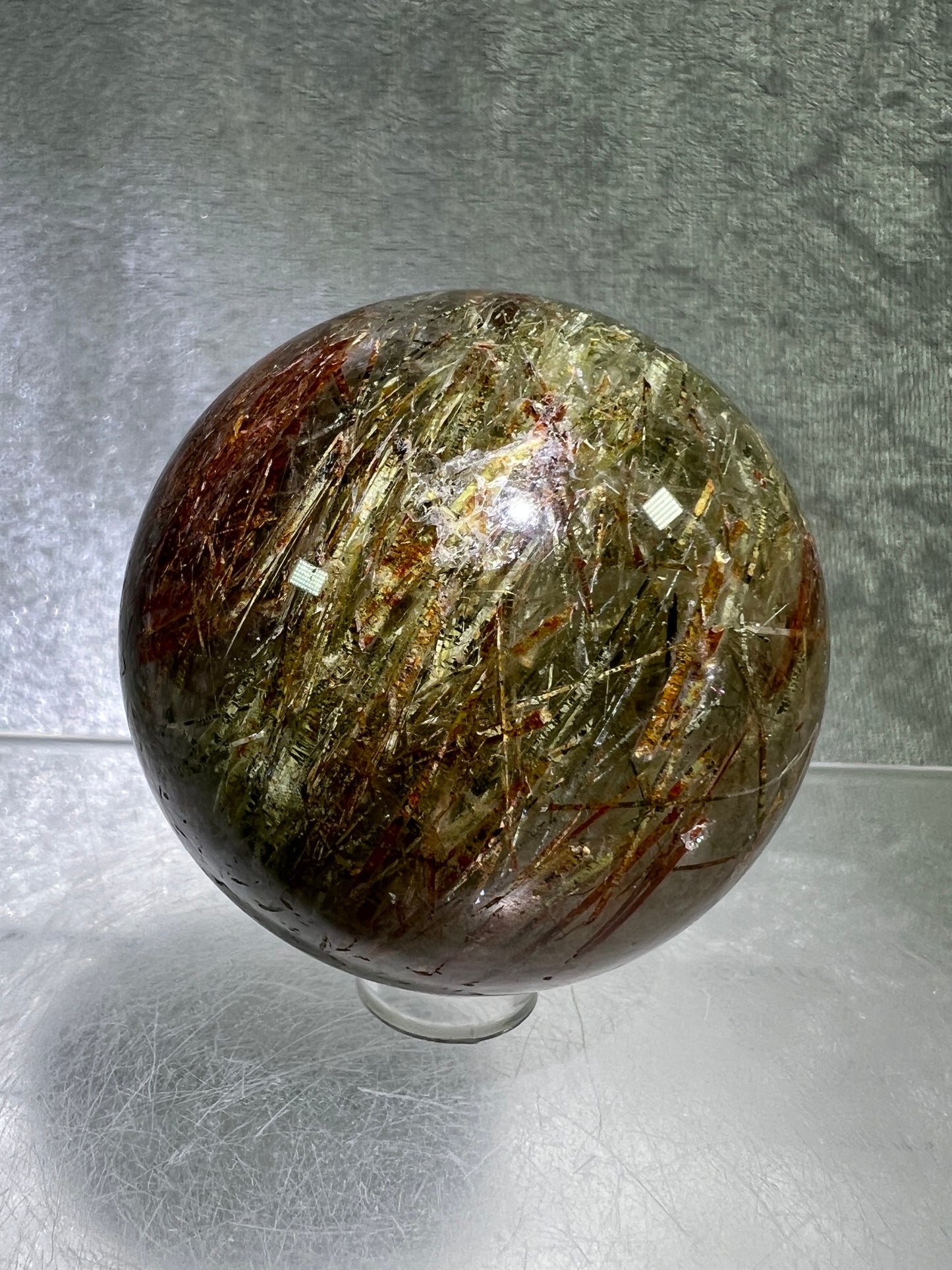 Tourmalinated Quartz Sphere. 56mm. Amazing Green And Red Tourmaline Inclusions. Stunning Rare Display Sphere.