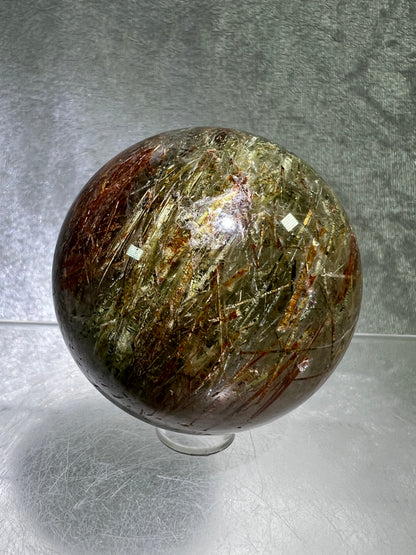 Tourmalinated Quartz Sphere. 56mm. Amazing Green And Red Tourmaline Inclusions. Stunning Rare Display Sphere.