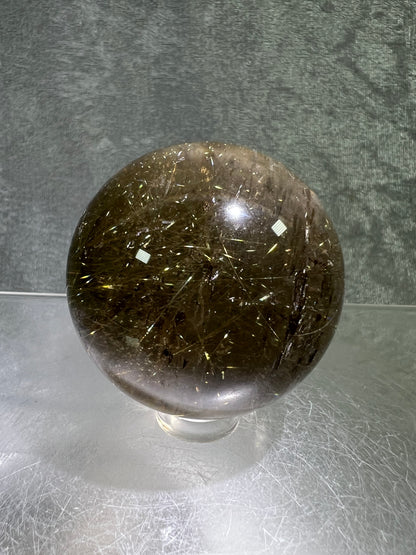 Rutile Quartz Sphere. Gorgeous Smoky Quartz With Stunning Golden Rutile Inclusions. High Quality Display Sphere.