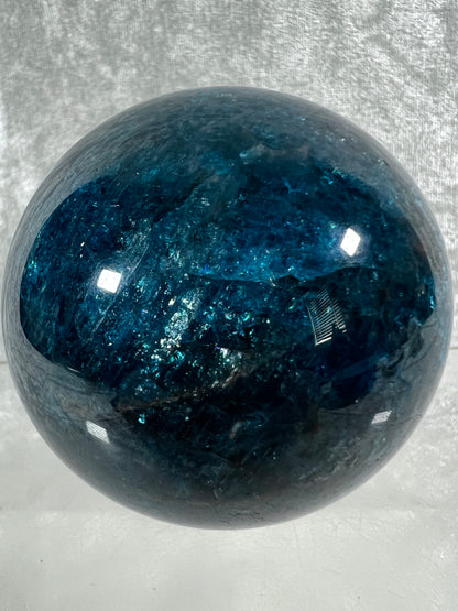 Blue Apatite Crystal Sphere. 66mm. Gorgeous Bright Blue With Lots Of Iridescent Flash. High Quality Display Sphere