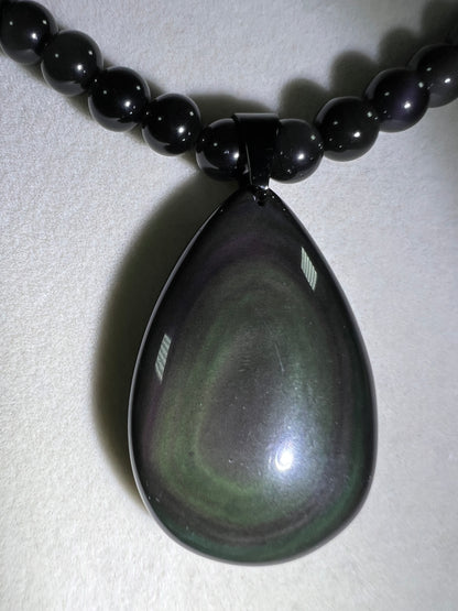 Rainbow Obsidian Pendant. Gorgeous Teardrop Cabochon. Custom Made Beaded Necklace. High Quality Jewelry