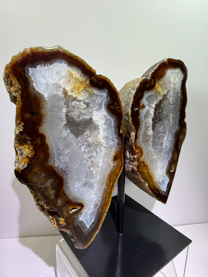 Agate Geode Wings From Brazil. Gorgeous Large Split Geode On A Custom Stand. Amazing Druzy Display Crystal