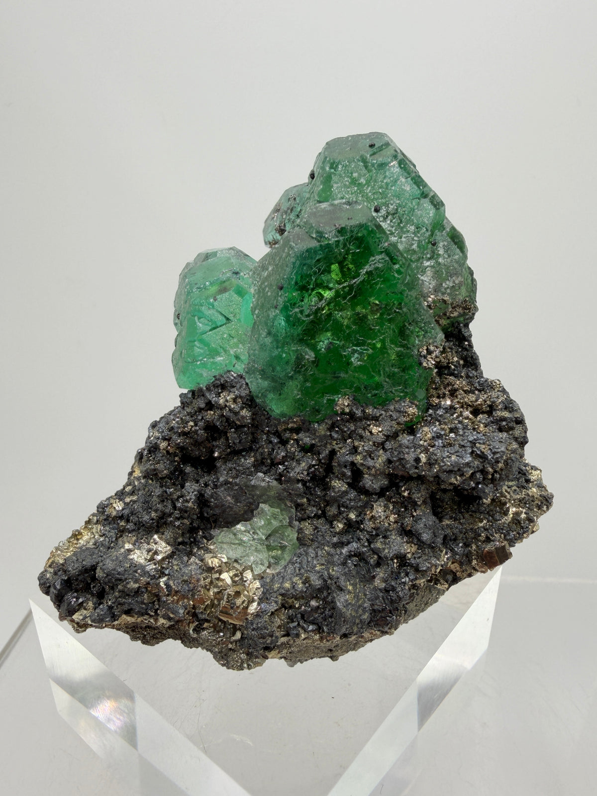 Green Fluorite And Pyrite Specimen From The Famous Milpo Mine In Peru. High Quality Rare Fluorite Specimen. Gorgeous Display Crystal