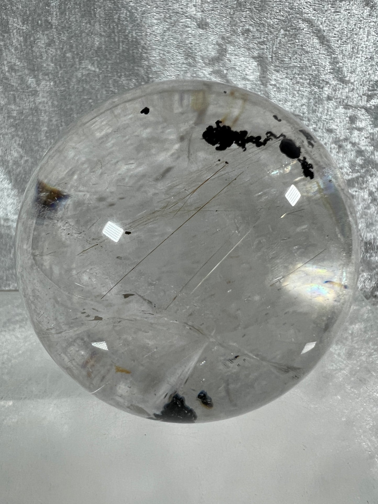 Rutile Quartz Sphere. 75mm. Large High Quality Display Sphere. Gorgeous Garden Quartz, Big Rainbows, And Golden Rutile Inclusions.