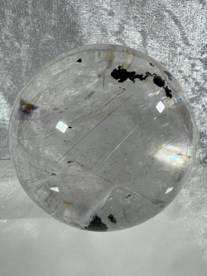 Rutile Quartz Sphere. 75mm. Large High Quality Display Sphere. Gorgeous Garden Quartz, Big Rainbows, And Golden Rutile Inclusions.