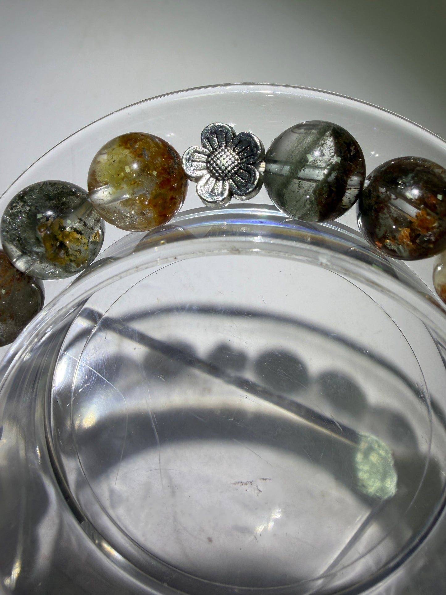 Garden Quartz Crystal Bead Bracelet. Incredible Lodolite Bracelet. 9.5mm. Amazing Flower Spacers.