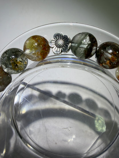 Garden Quartz Crystal Bead Bracelet. Incredible Lodolite Bracelet. 9.5mm. Amazing Flower Spacers.
