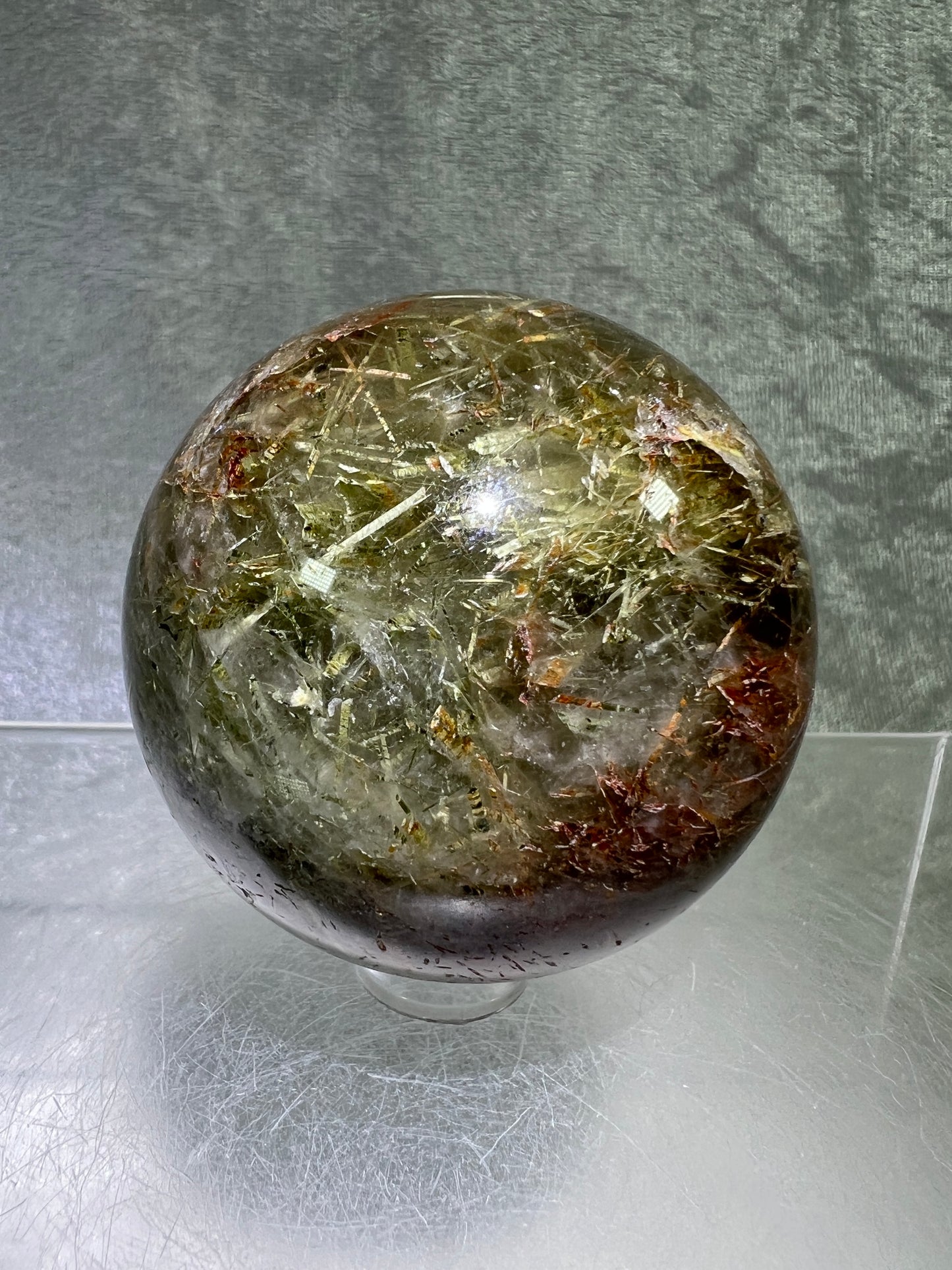 Tourmalinated Quartz Sphere. 56mm. Amazing Green And Red Tourmaline Inclusions. Stunning Rare Display Sphere.