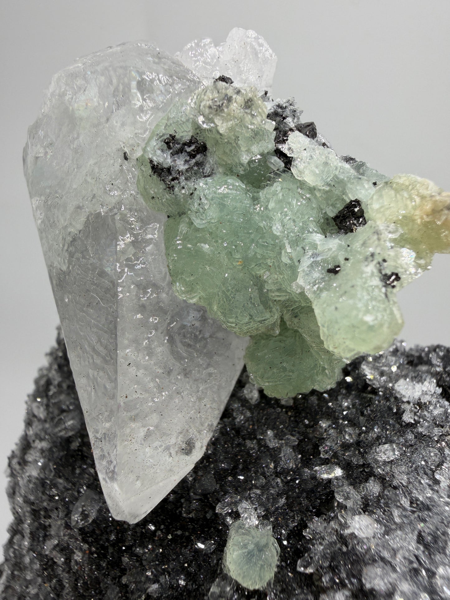 Rare Babingtonite, Prehnite, And Calcite Cluster. High Quality Mineral Specimen From Sichuan Province China. Amazing Rare Display Crystal.