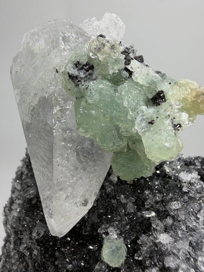 Rare Babingtonite, Prehnite, And Calcite Cluster. High Quality Mineral Specimen From Sichuan Province China. Amazing Rare Display Crystal.
