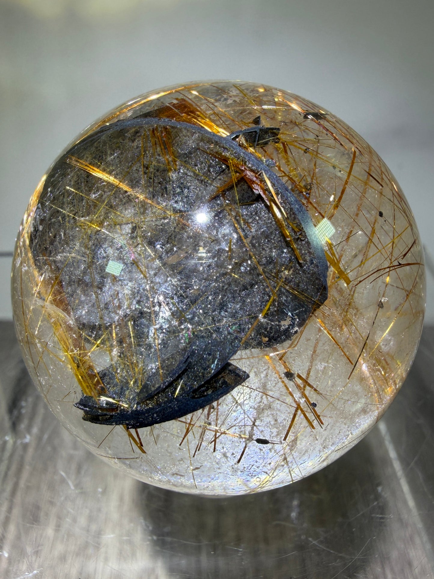 Copper Rutile Quartz Sphere. Stunning Hematite Slab And Rutile Inclusions. Amazing Rare Display Sphere
