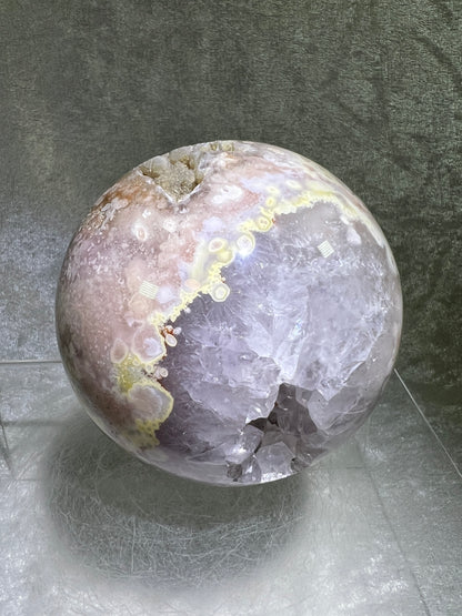 Flower Agate Sphere. 82mm. Stunning Druzy On This Large Centerpiece. Gorgeous One Of A Kind Display Sphere.