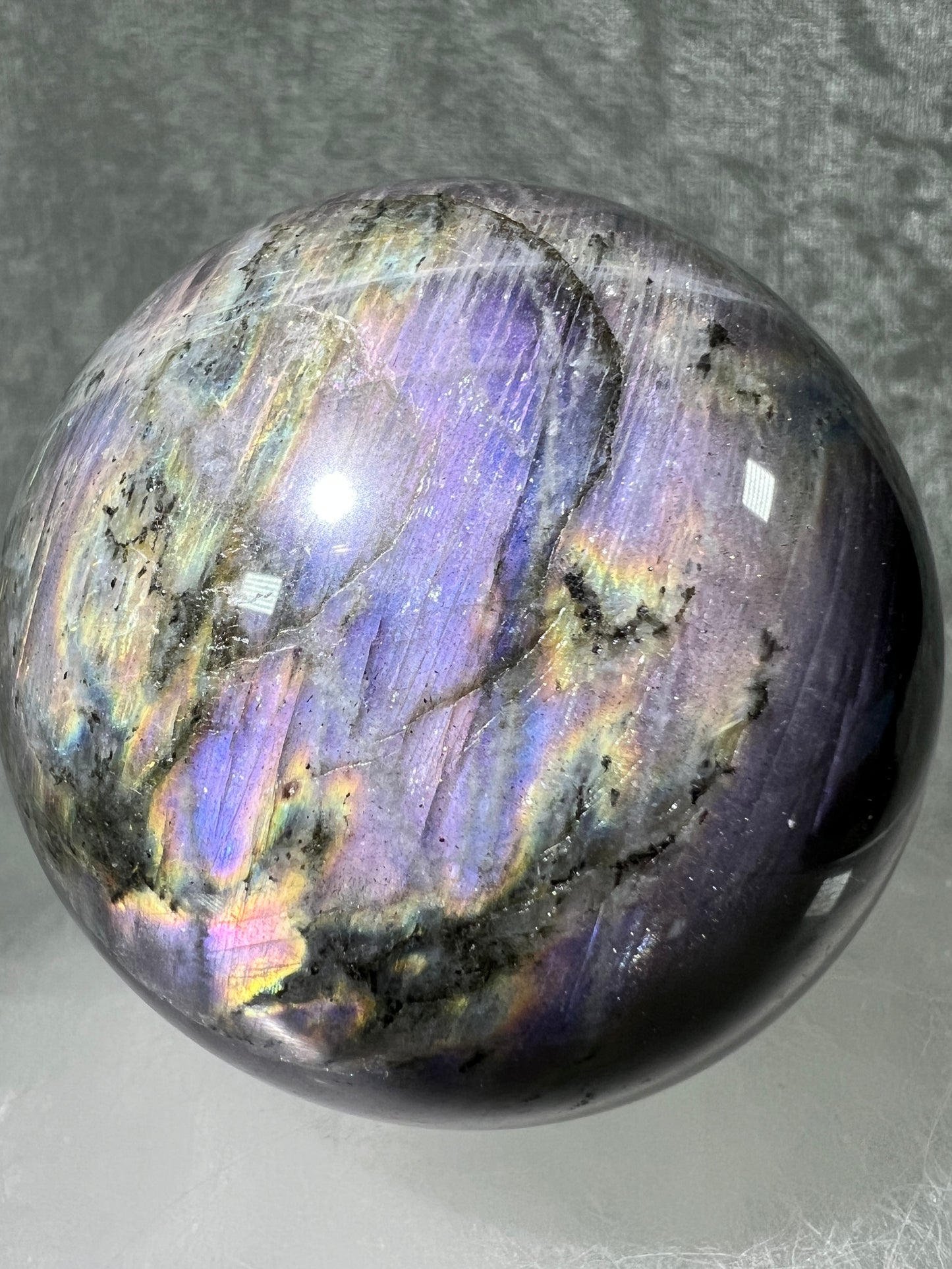 Labradorite Crystal Sphere. 62mm. Gorgeous Purple Rainbow Flash. Rare Color Display Sphere.