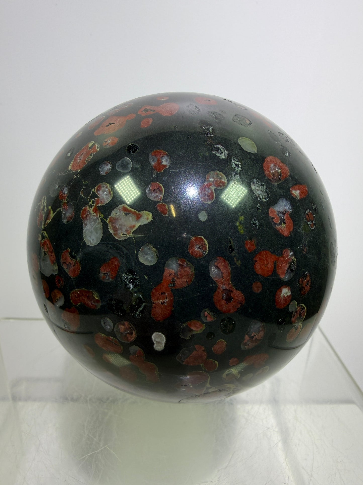Plum Blossom Jade Sphere: 72mm. Gorgeous Large Display Sphere. Beautiful Color Contrast