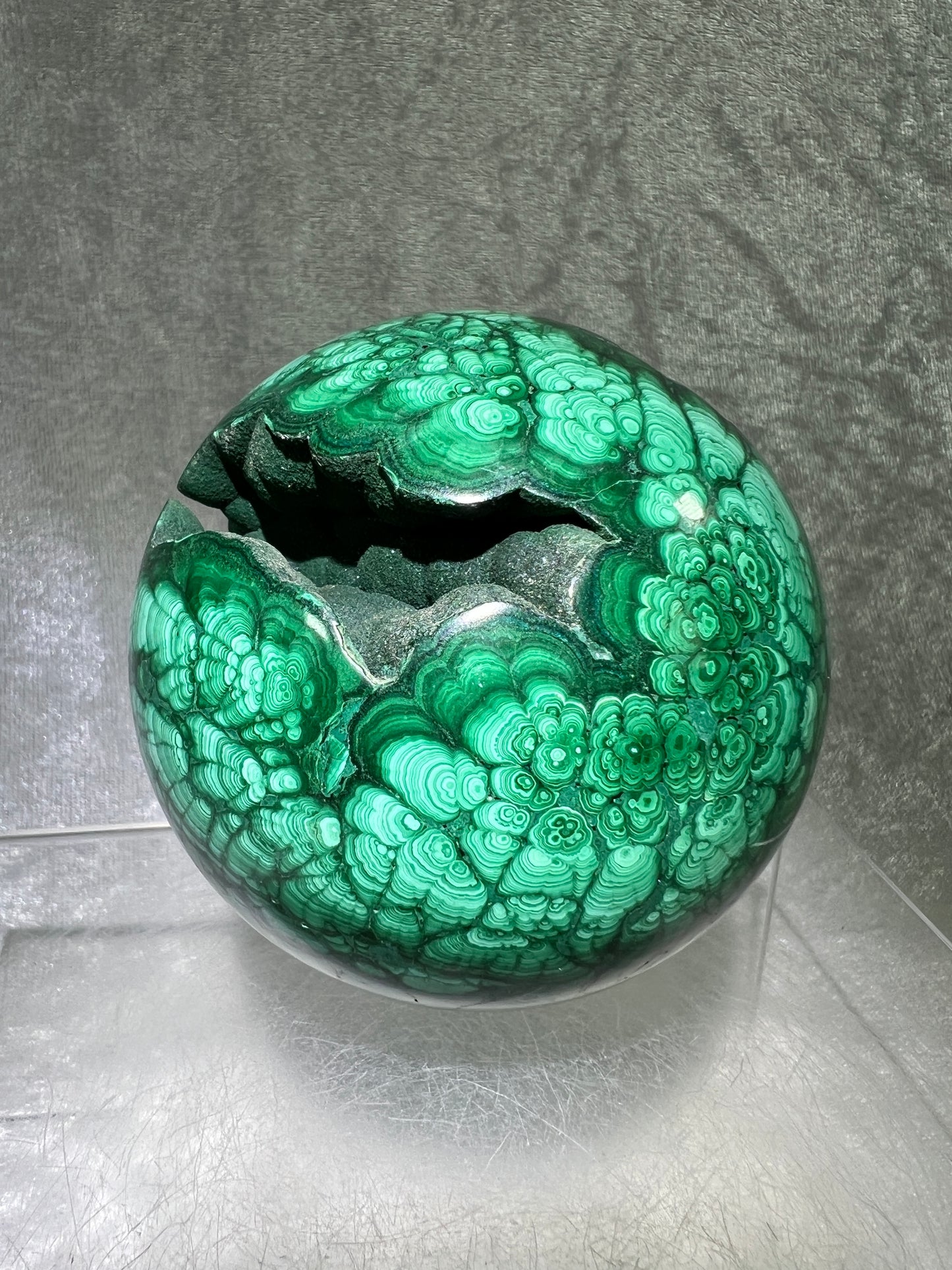 Malachite Crystal Sphere. 78mm. Incredible Large Druzy Malachite. Very High Quality Rare Display Sphere. Show Stopper!
