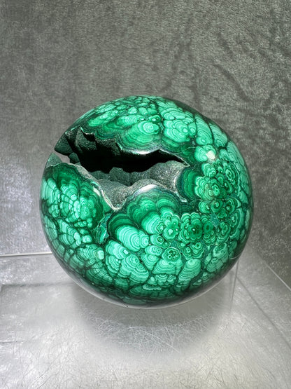 Malachite Crystal Sphere. 78mm. Incredible Large Druzy Malachite. Very High Quality Rare Display Sphere. Show Stopper!