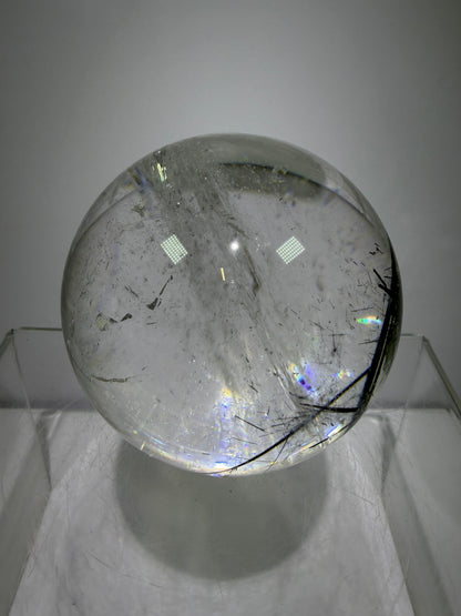 Black Tourmaline Quartz Sphere. 60mm. Massive Rare Rainbows. Gorgeous Black Rutile Sphere. Tourmalinated Quartz Display Crystal