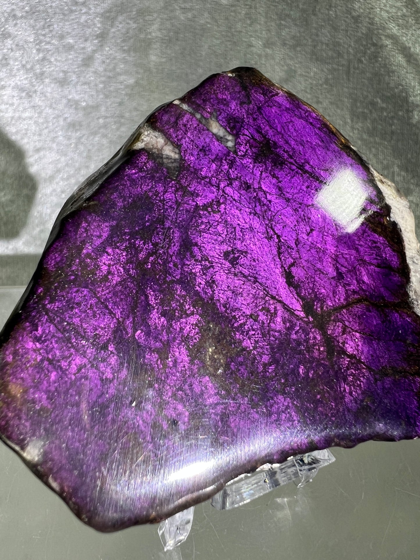 Purpurite Crystal Slab. Stunning Purpurite Freeform With A Resin Coating. Gorgeous Intense Purple Flash!