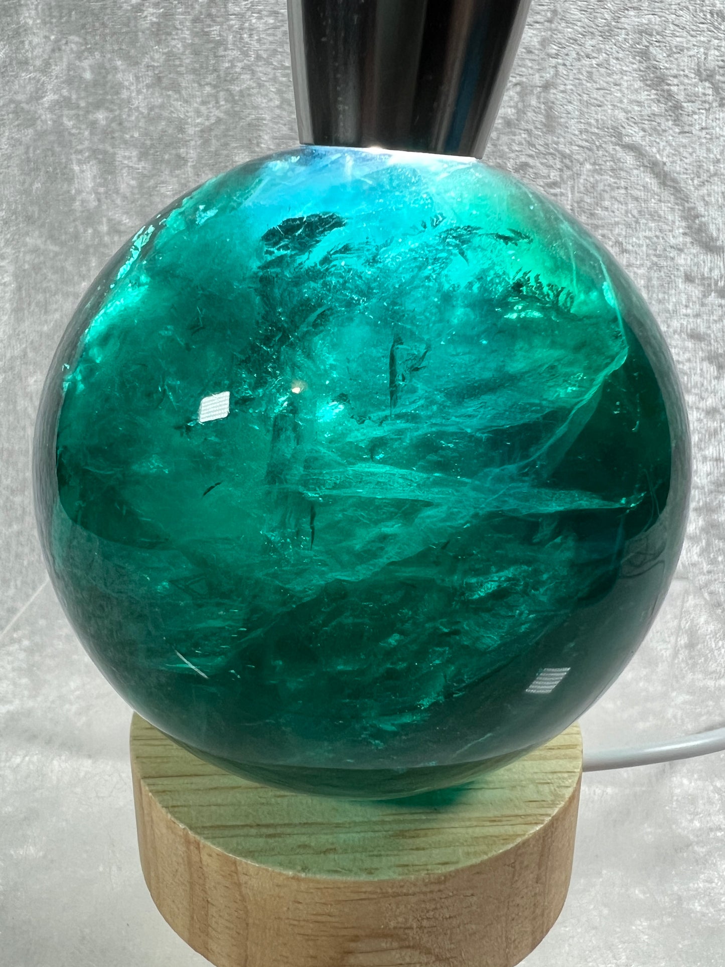 Green Fluorite Sphere. 76mm. Rare Emerald Green Fluorite. Comes With A White Light Stand. Gorgeous High Quality Crystal