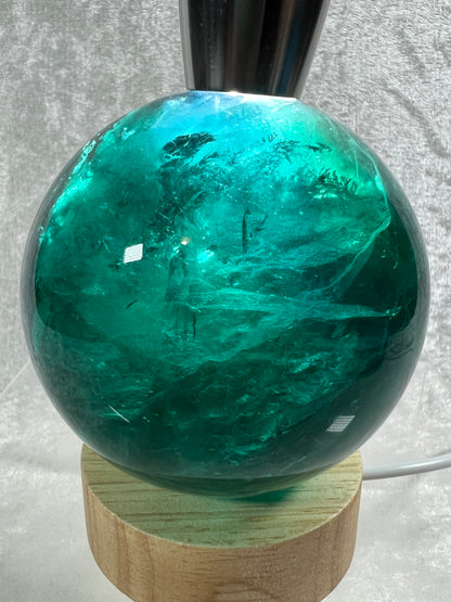 Green Fluorite Sphere. 76mm. Rare Emerald Green Fluorite. Comes With A White Light Stand. Gorgeous High Quality Crystal