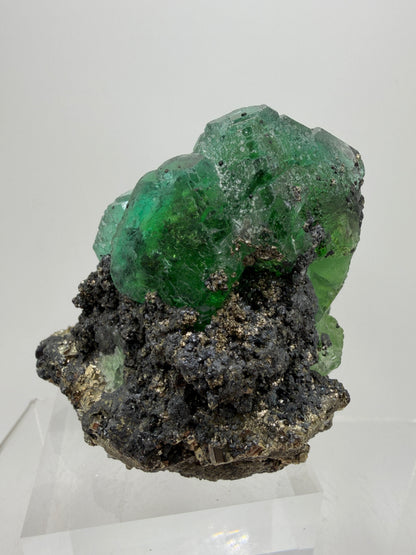 Green Fluorite And Pyrite Specimen From The Famous Milpo Mine In Peru. High Quality Rare Fluorite Specimen. Gorgeous Display Crystal
