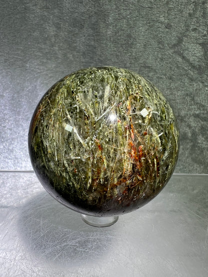 Tourmalinated Quartz Sphere. 57mm. Gorgeous Green And Red Tourmaline Inclusions. High Quality Rare Display Sphere.