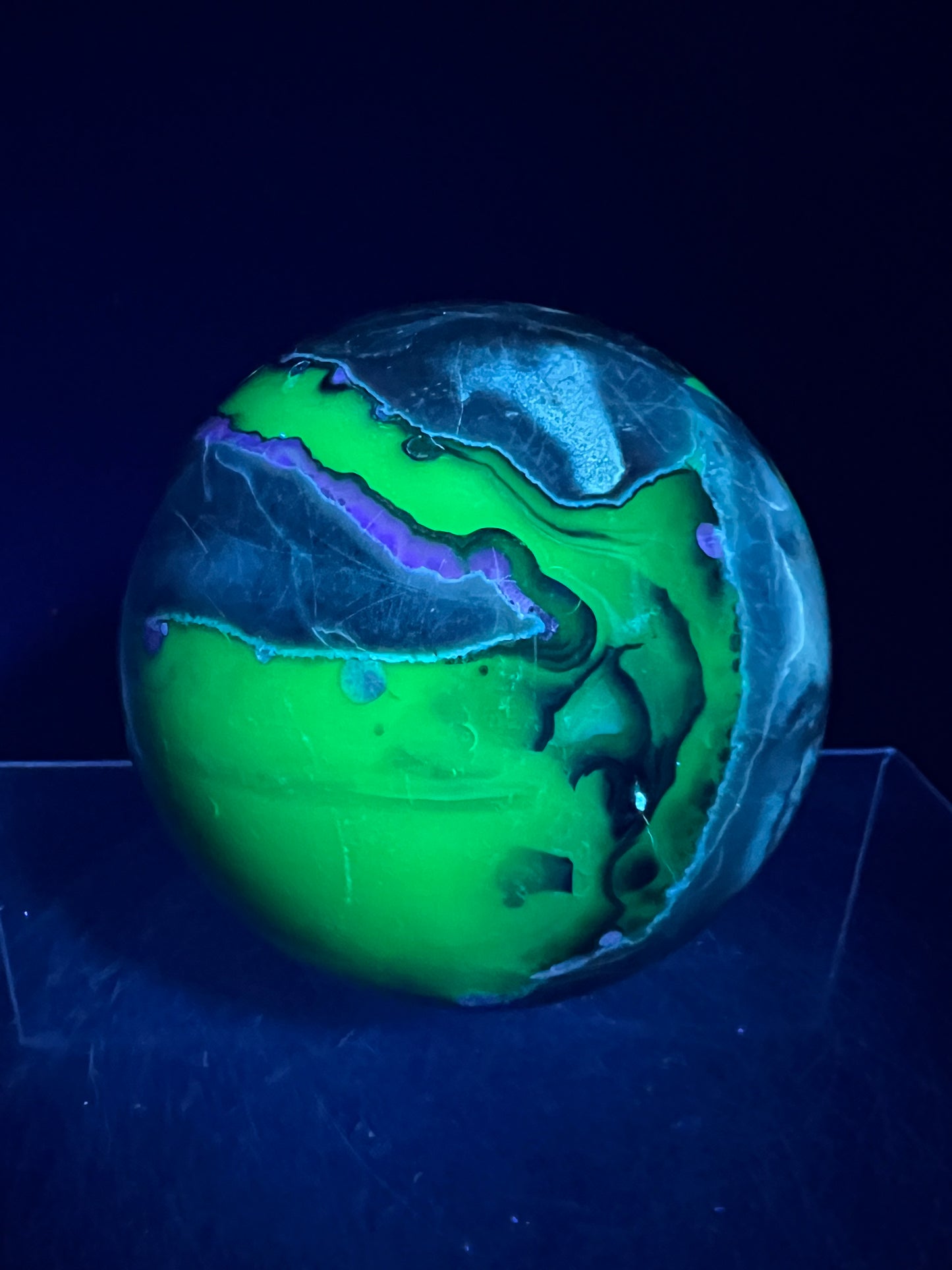 Volcano Agate With Purple Chalcedony Sphere. 68mm. Beautiful Rare Purple And Green UV Reaction. Amazing High Quality Display Sphere.