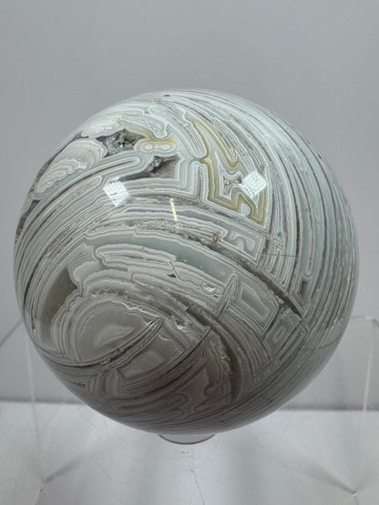White Mexican Crazy Lace Sphere. 66mm. Beautiful Mexican Agate Sphere. Incredible Druzy And Banding.