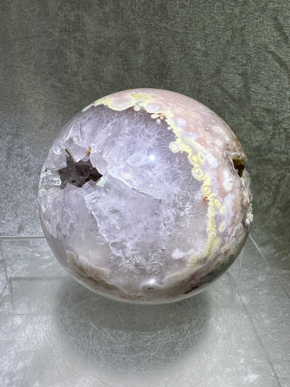 Flower Agate Sphere. 82mm. Stunning Druzy On This Large Centerpiece. Gorgeous One Of A Kind Display Sphere.